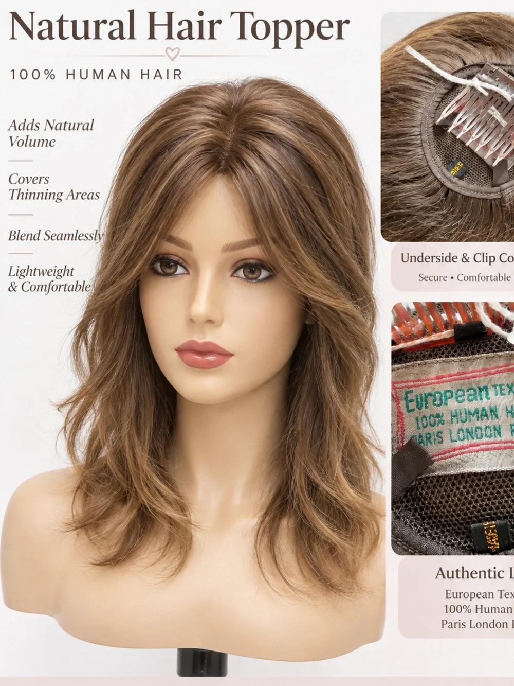 European Texture Human Hair Topper in Brown Blend